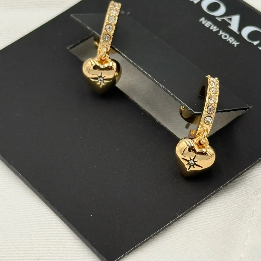 Coach Gold Crystal Heart Huggie Earrings - Picture 3 of 4
